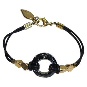 Sara Designs New York Black And Gold Tone Crystal Glass Ring Wrap Bracelet 7"